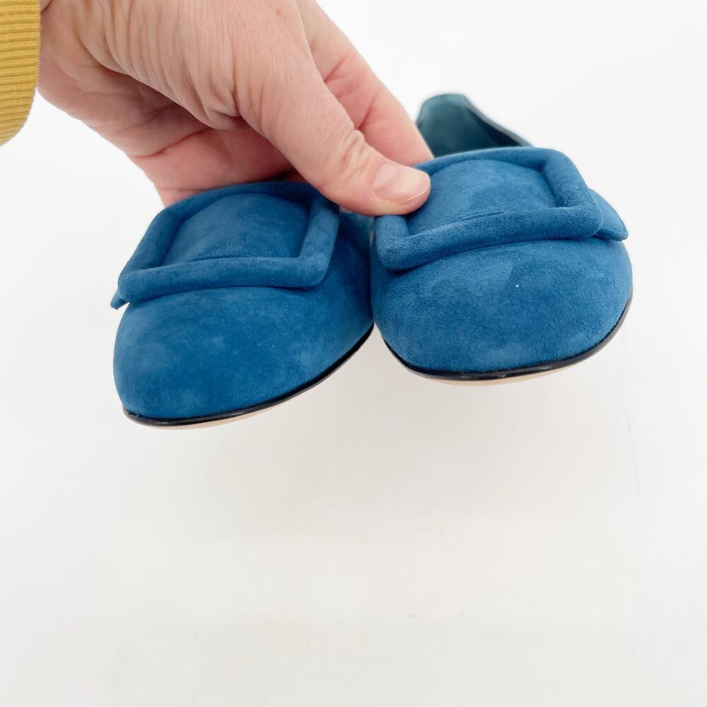 Manolo Blahnik Maydi Turquoise Suede Decorative Buckle Almond Toe Flats IT 37 - Picture 8 of 14